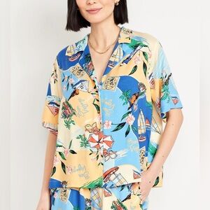 NEW Old Navy Women’s Button-Down Playa Shirt “Bon Voyage” Print Blue Sz S